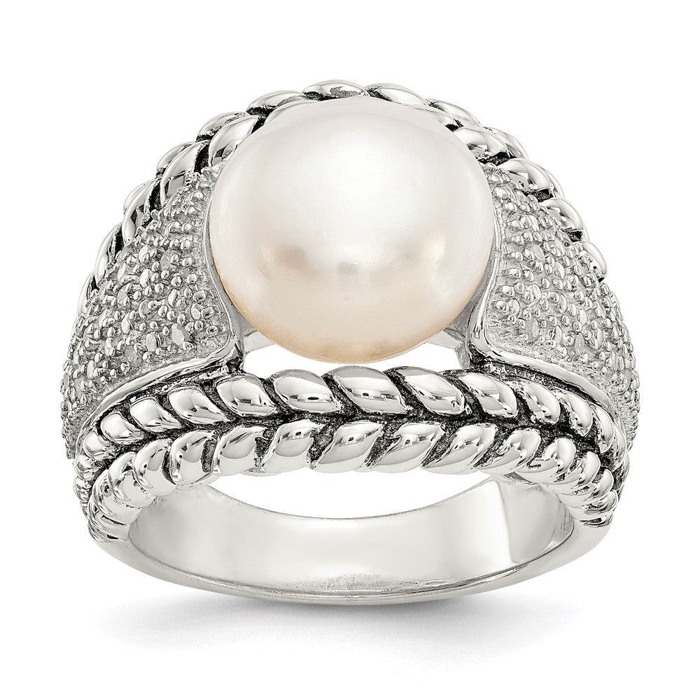 Sterling Silver Antiqued FW Cultured Pearl & Diamond Ring