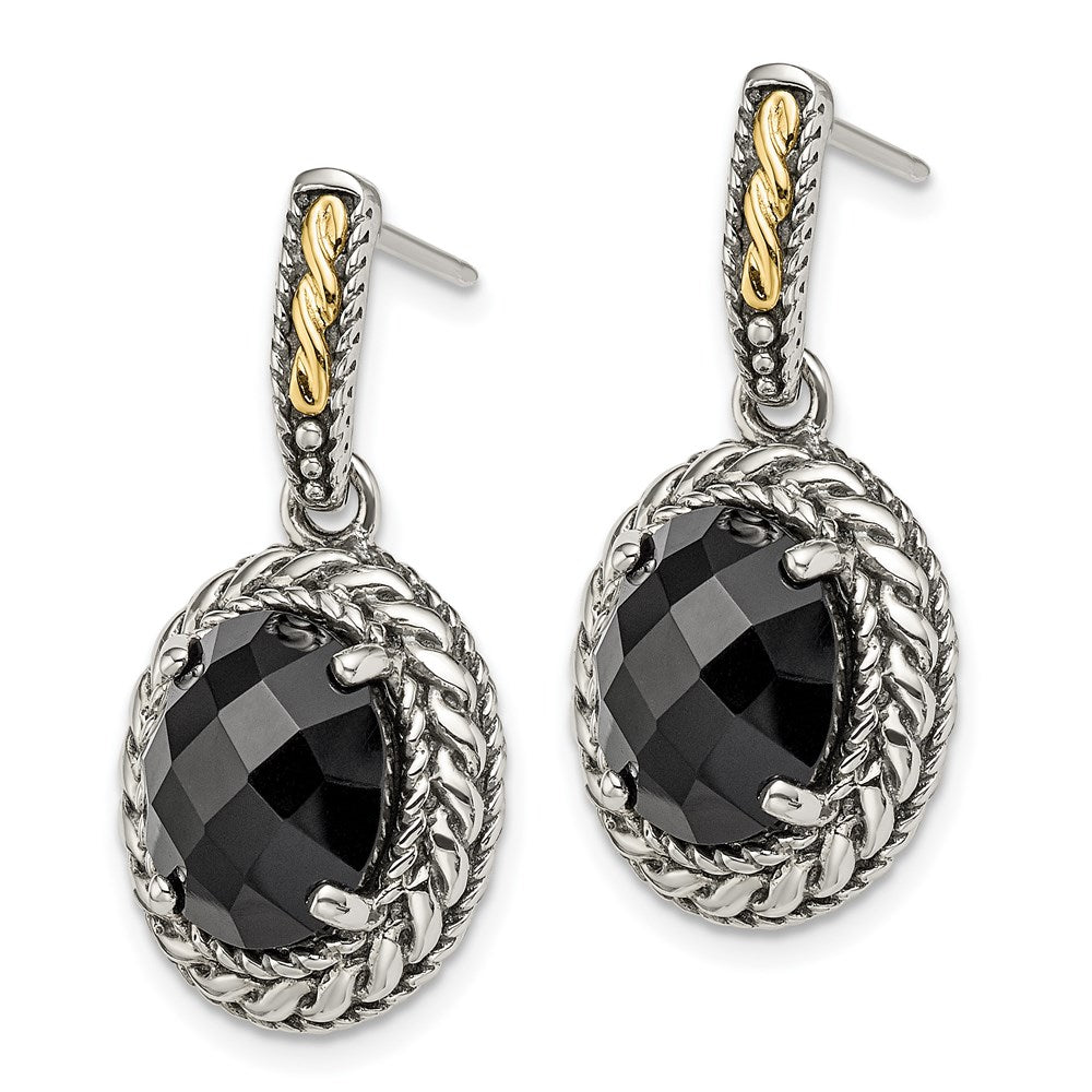 Sterling Silver w/14k Antiqued Onyx Post Dangle Earrings