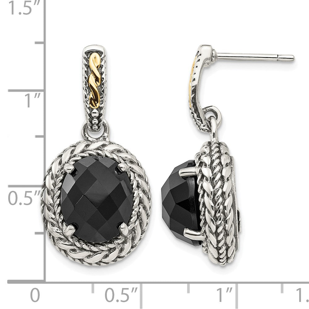 Sterling Silver w/14k Antiqued Onyx Post Dangle Earrings