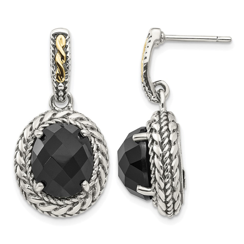 Sterling Silver w/14k Antiqued Onyx Post Dangle Earrings