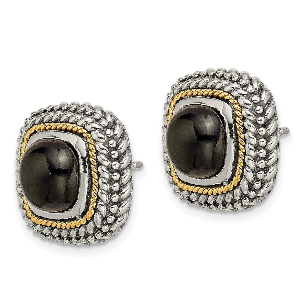 Sterling Silver Antiqued w/14k Cabochon Onyx Post Earrings