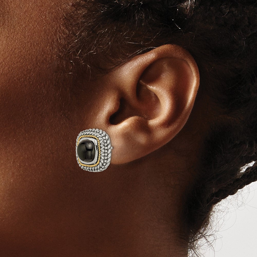 Sterling Silver Antiqued w/14k Cabochon Onyx Post Earrings