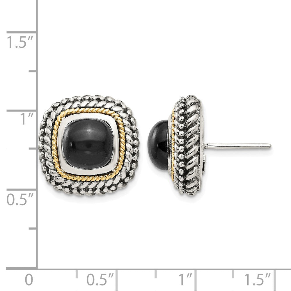 Sterling Silver Antiqued w/14k Cabochon Onyx Post Earrings