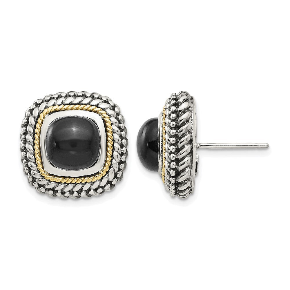 Sterling Silver Antiqued w/14k Cabochon Onyx Post Earrings