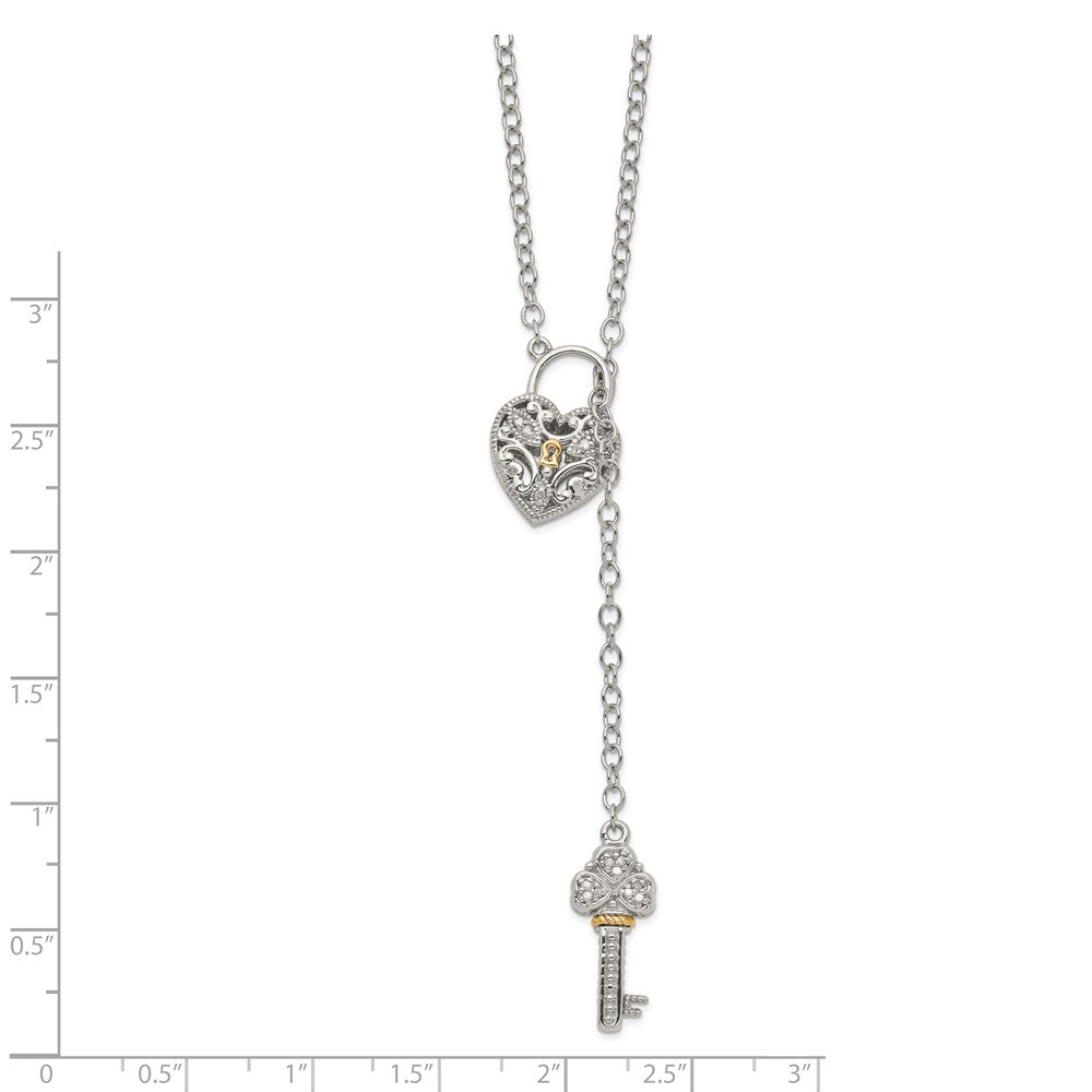 Sterling Silver Rhod-plated w/14k Diamond Heart Lock/Key Necklace