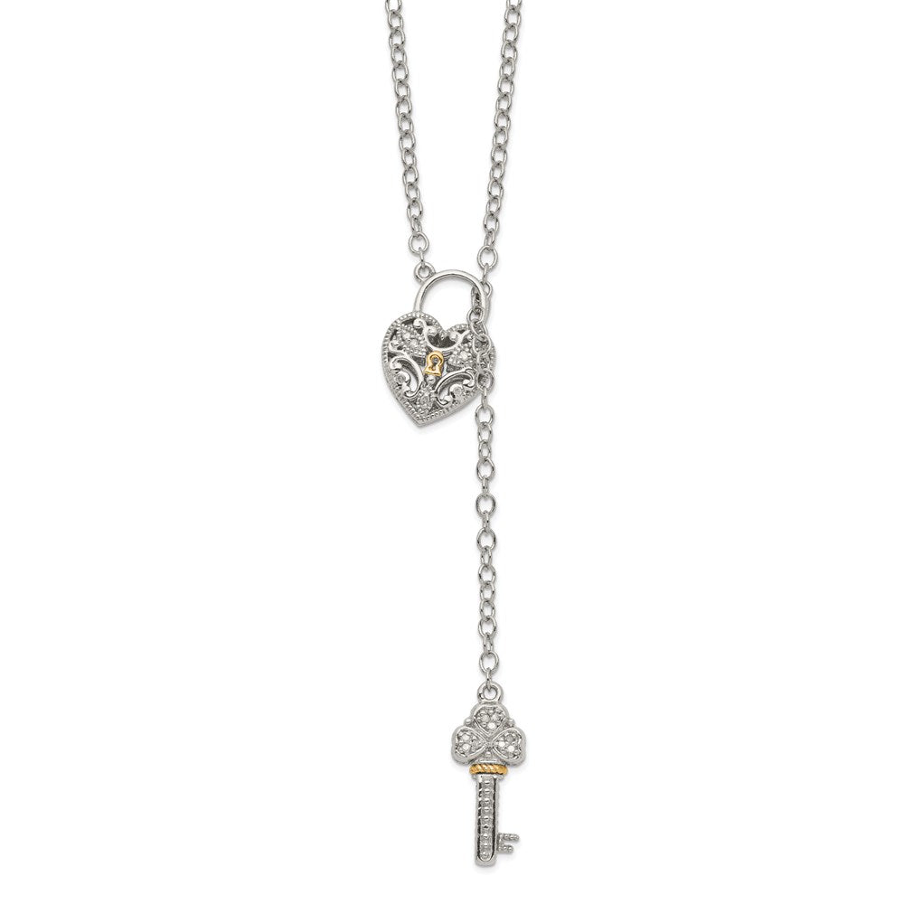 Sterling Silver Rhod-plated w/14k Diamond Heart Lock/Key Necklace