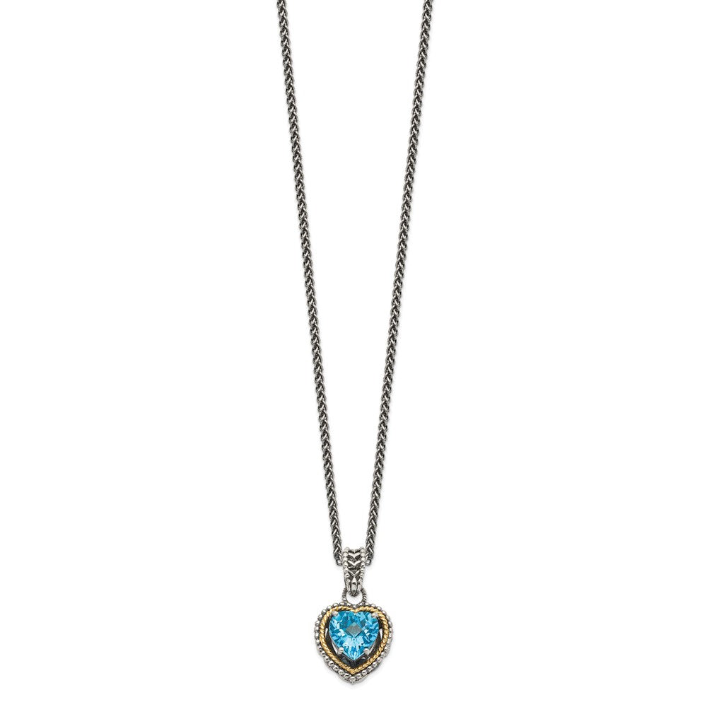 Sterling Silver w/14k Antiqued Blue Topaz Heart Necklace