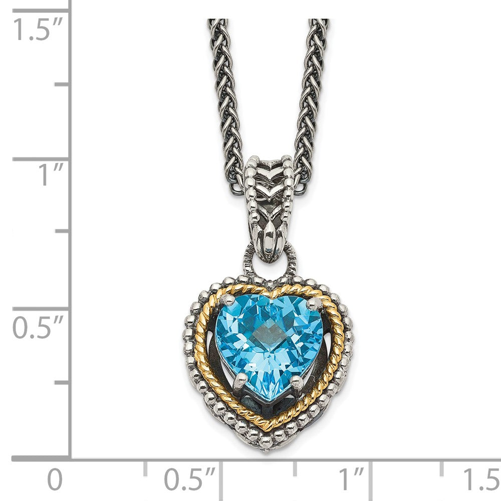 Sterling Silver w/14k Antiqued Blue Topaz Heart Necklace