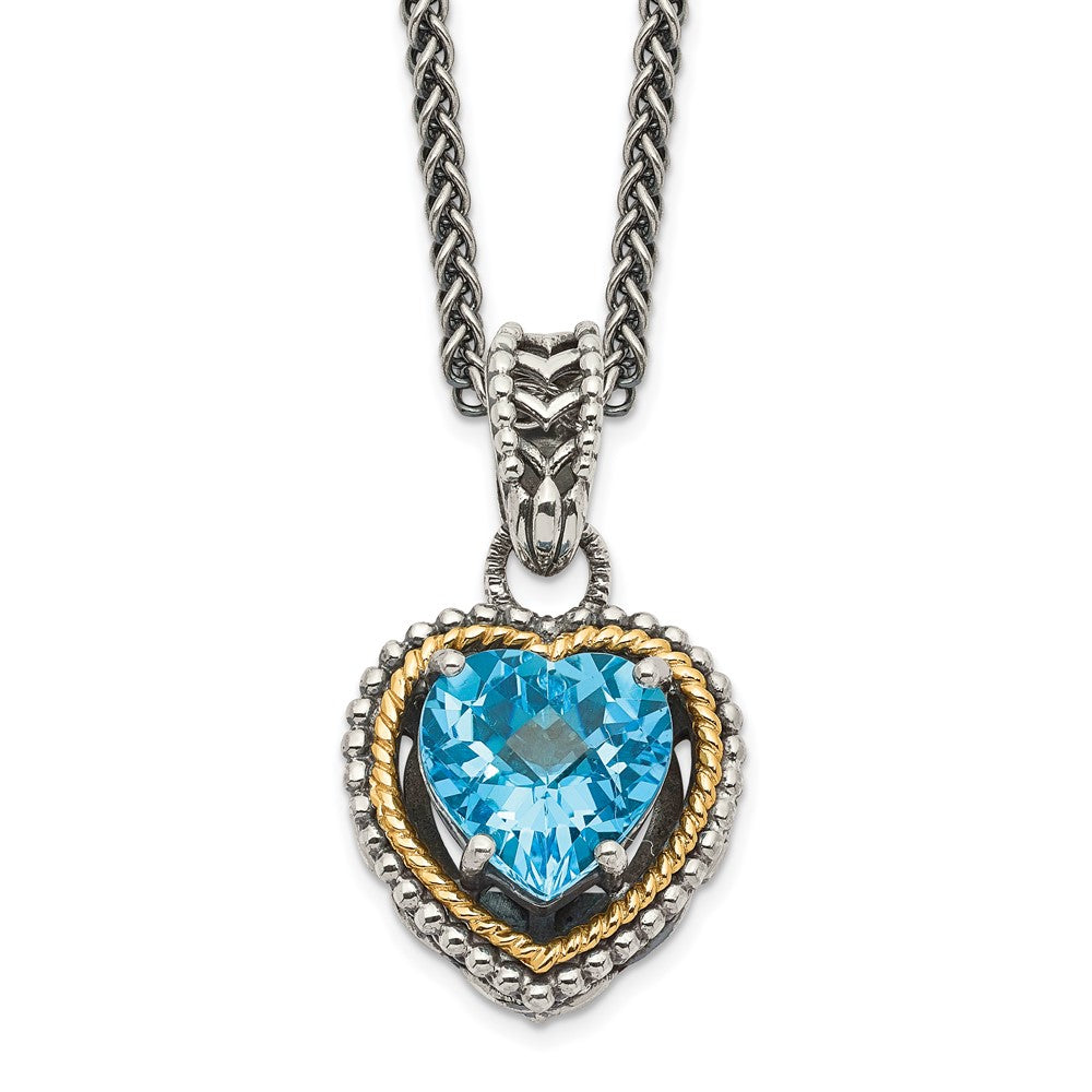 Sterling Silver w/14k Antiqued Blue Topaz Heart Necklace