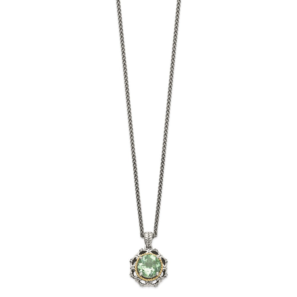 Sterling Silver w/14k Antiqued Green Quartz and Diamond Necklace