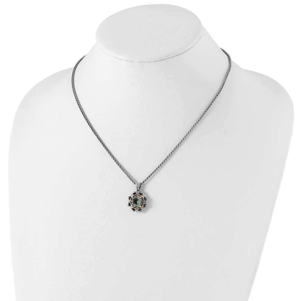 Sterling Silver w/14k Antiqued Green Quartz and Diamond Necklace