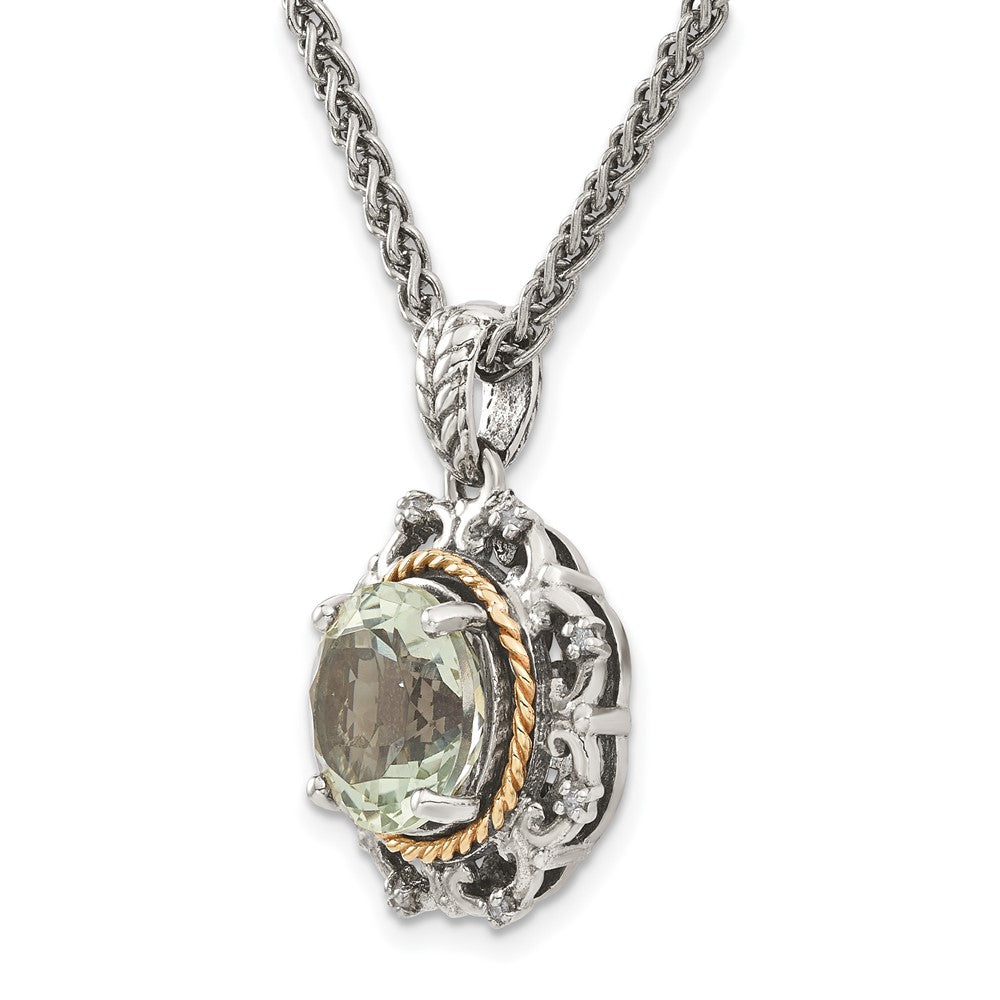 Sterling Silver w/14k Antiqued Green Quartz and Diamond Necklace