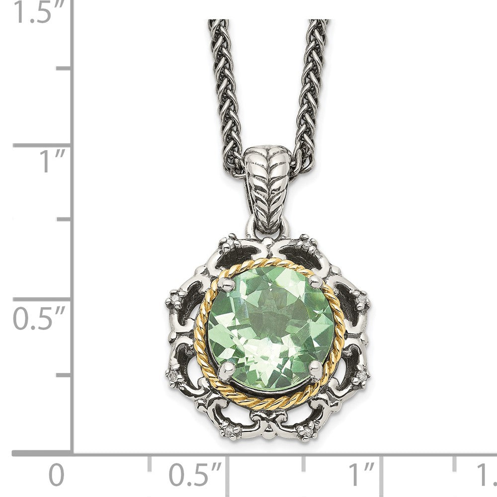 Sterling Silver w/14k Antiqued Green Quartz and Diamond Necklace