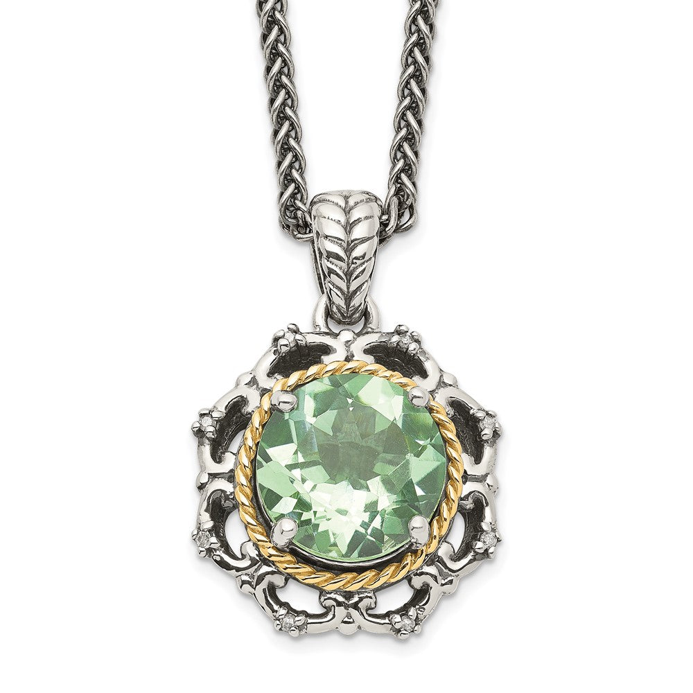 Sterling Silver w/14k Antiqued Green Quartz and Diamond Necklace