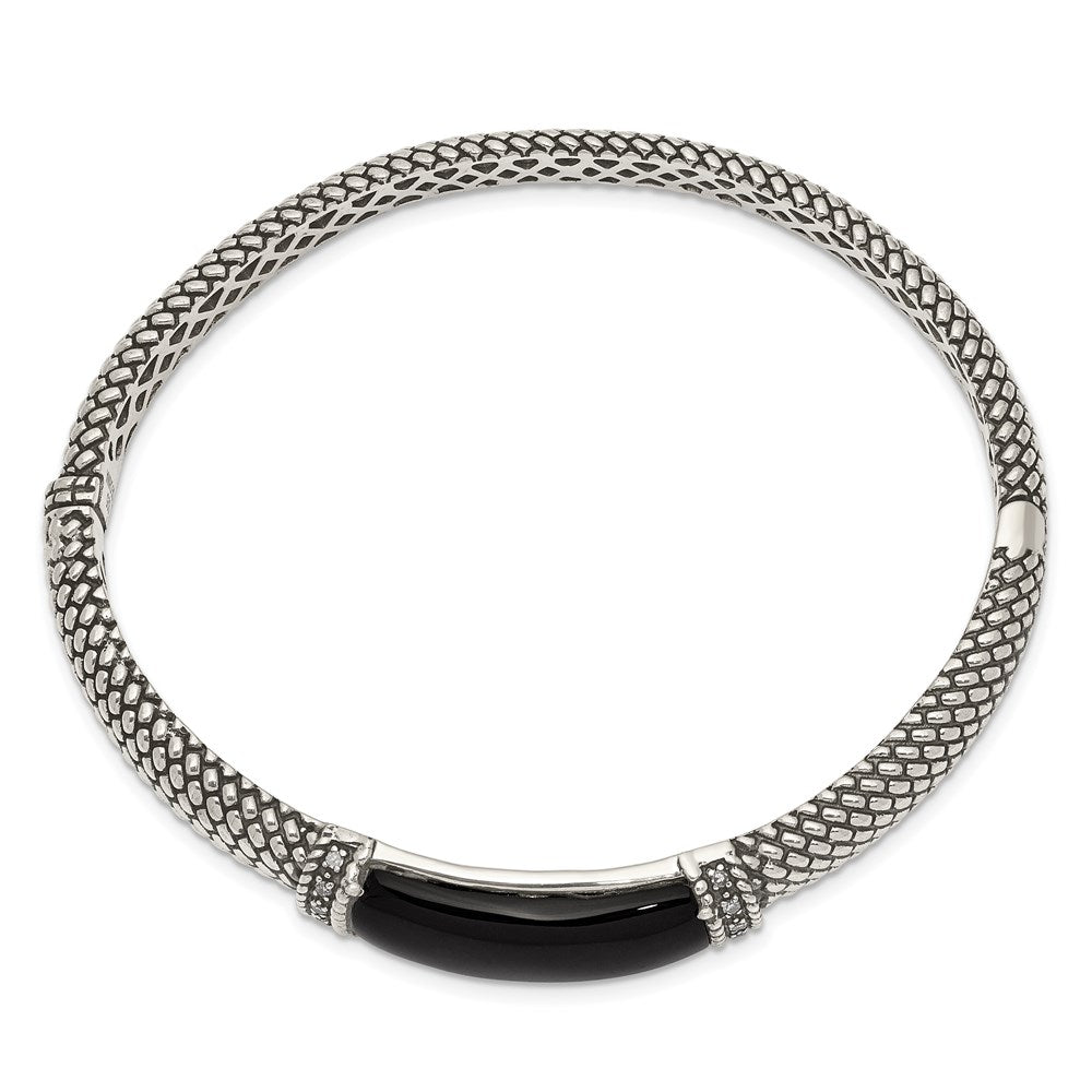 Sterling Silver Antiqued Onyx & 1/10ct. Diamond Bangle Bracelet