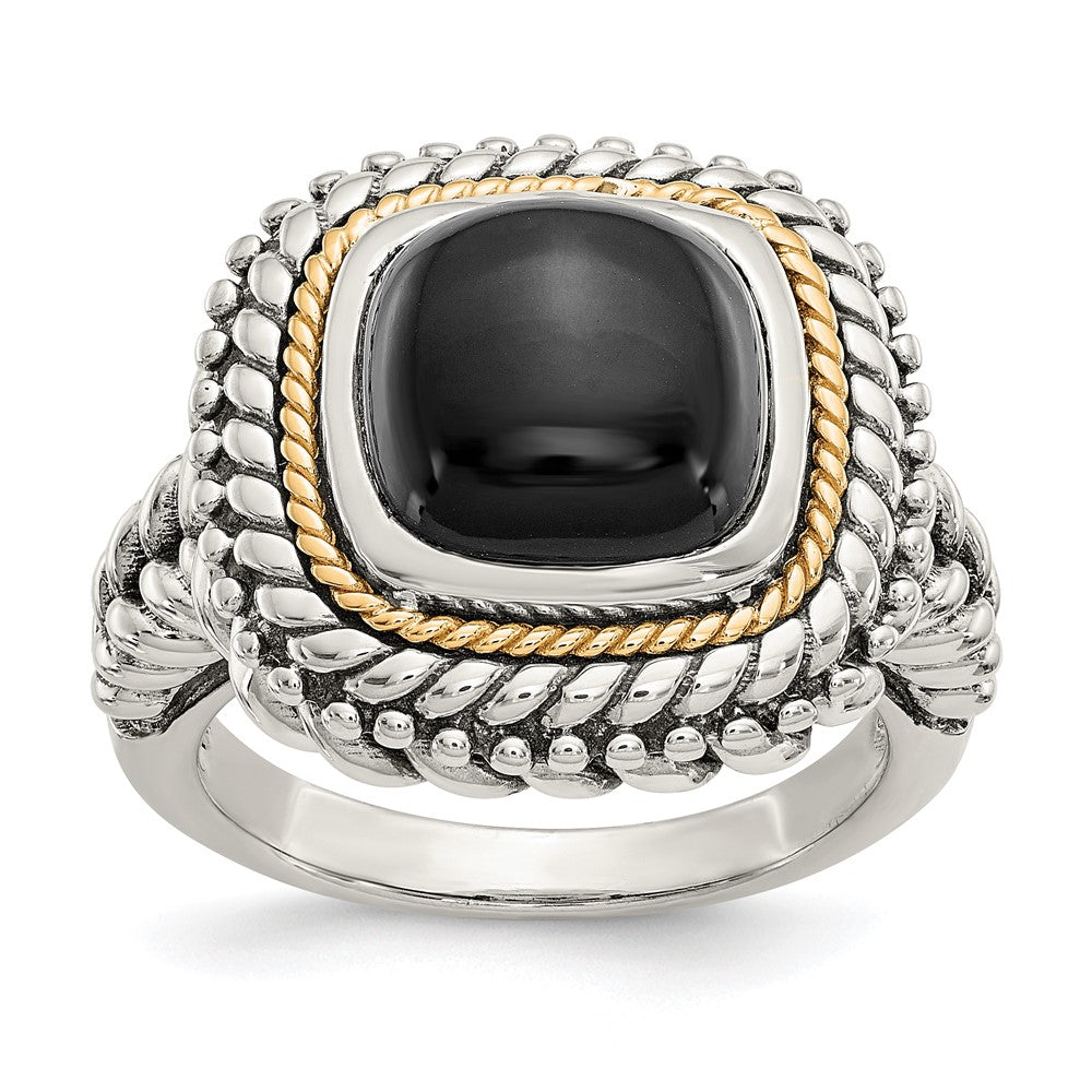 Sterling Silver Antiqued w/14k Cabochon Onyx Ring