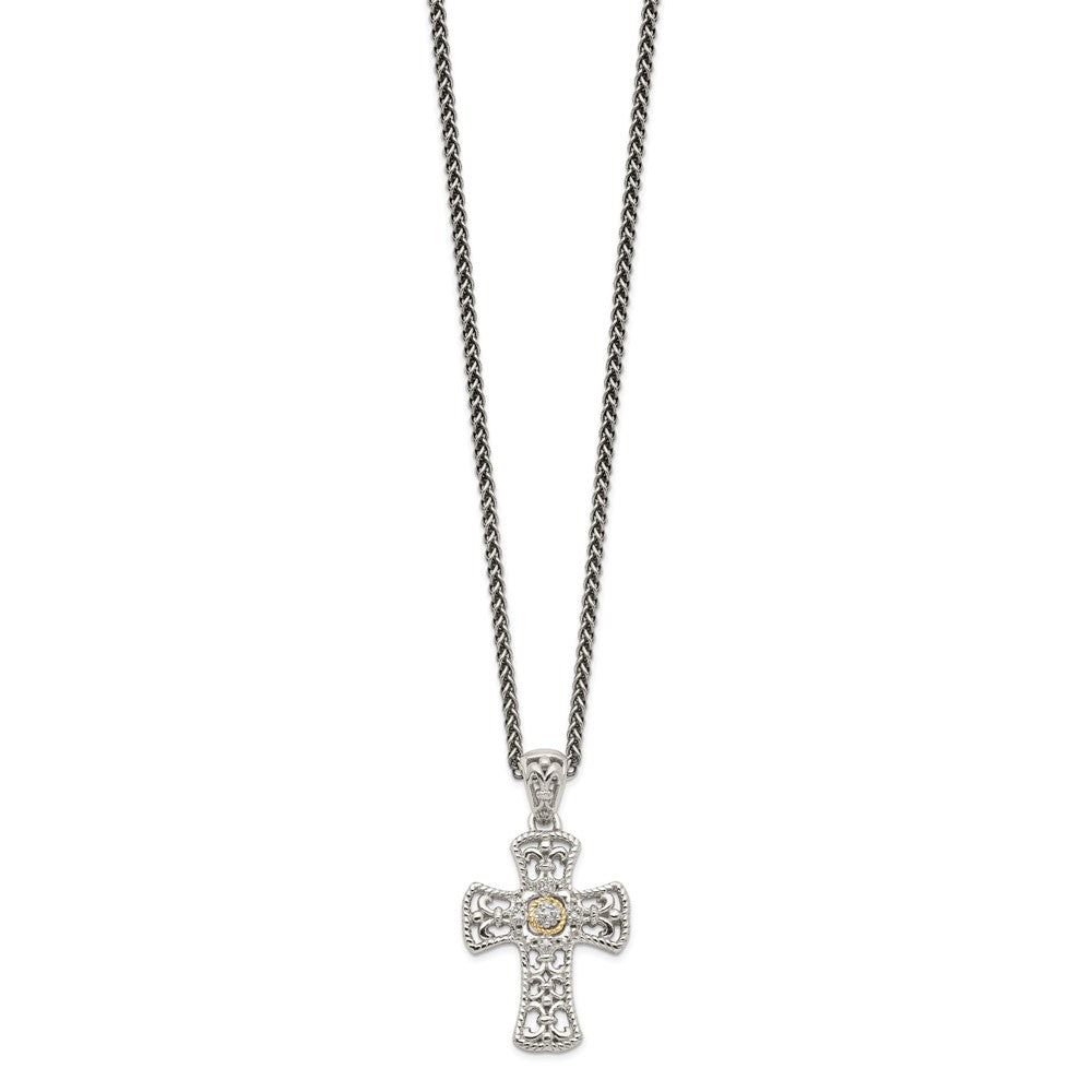 Sterling Silver Antiqued w/14k Diamond Cross Necklace