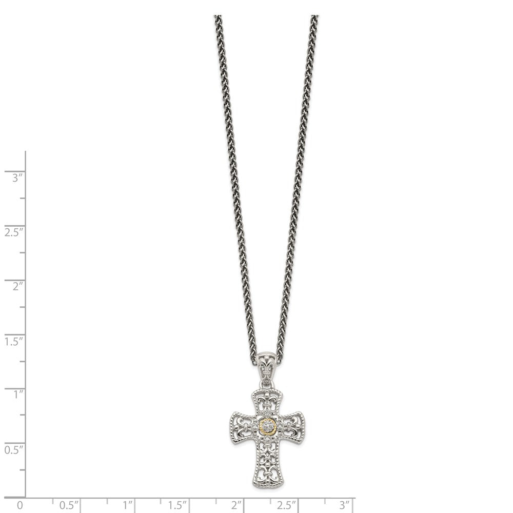Sterling Silver Antiqued w/14k Diamond Cross Necklace