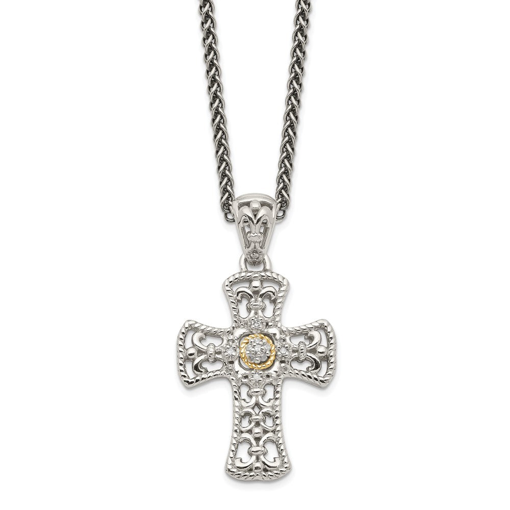 Sterling Silver Antiqued w/14k Diamond Cross Necklace