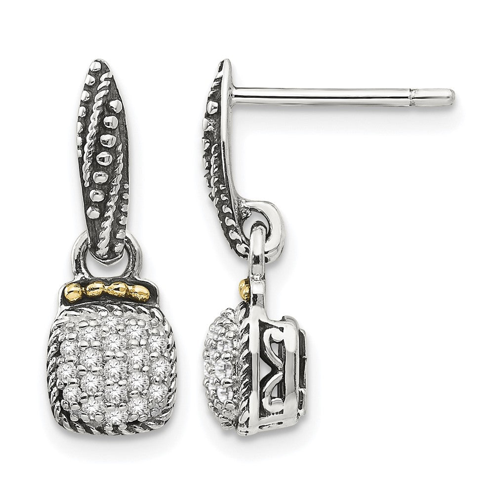Sterling Silver Antiqued w/14k Diamond Dangle Post Earrings