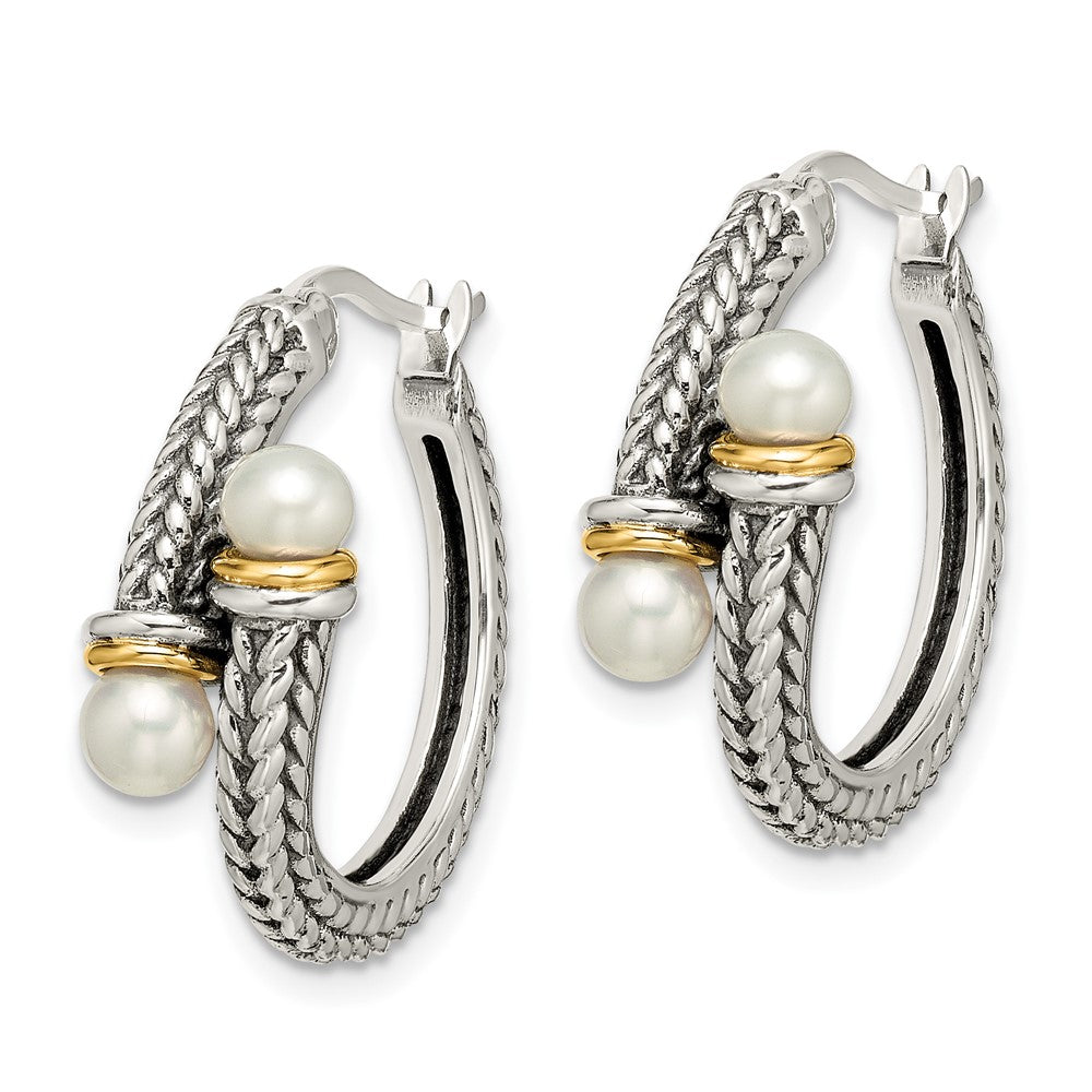 Sterling Silver Antiqued w/ 14k 4mm FW Cultured Pearl Hoop Earrings