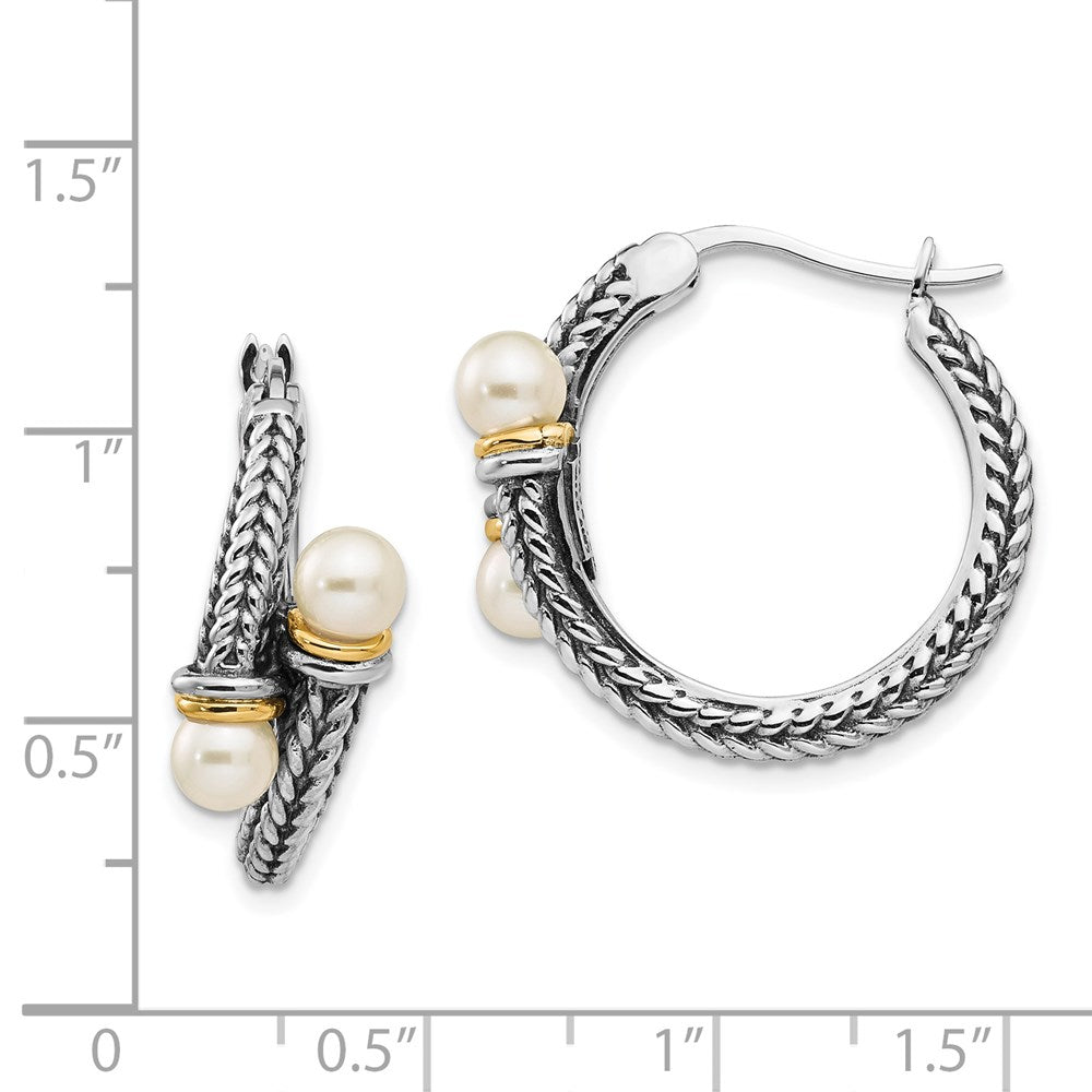 Sterling Silver Antiqued w/ 14k 4mm FW Cultured Pearl Hoop Earrings