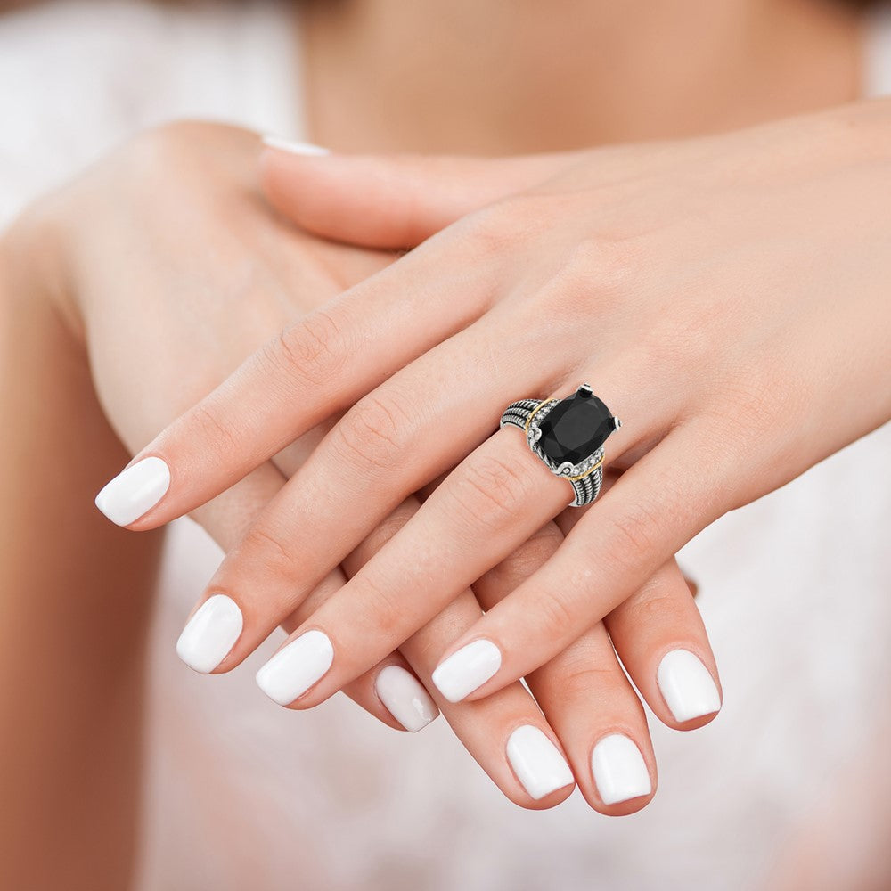 Sterling Silver Antiqued w/14K Black Onyx & White Diamond Ring