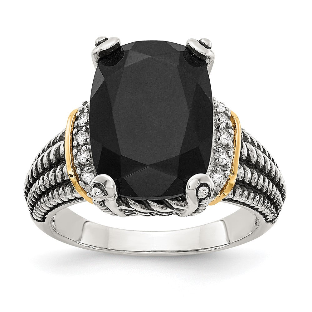Sterling Silver Antiqued w/14K Black Onyx & White Diamond Ring