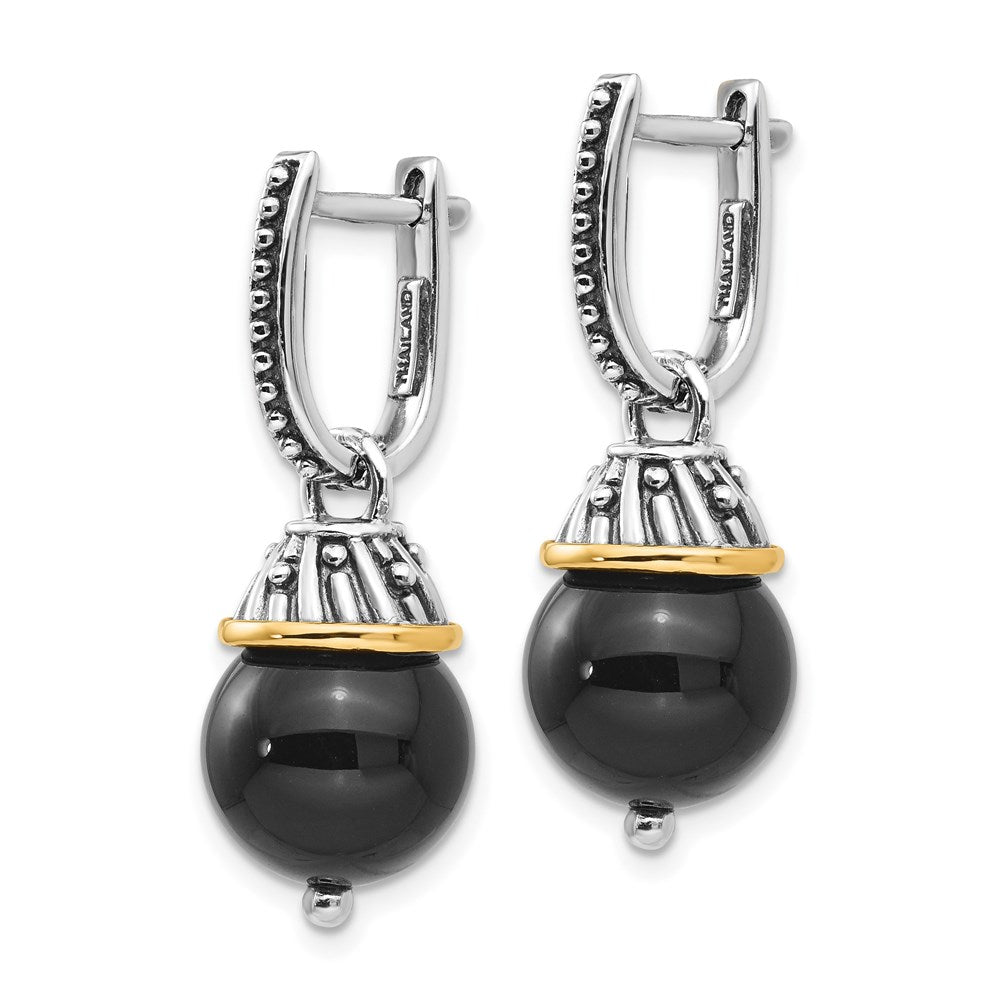 Sterling Silver Antiqued w/14K Black Onyx Polished and Textured Earrings