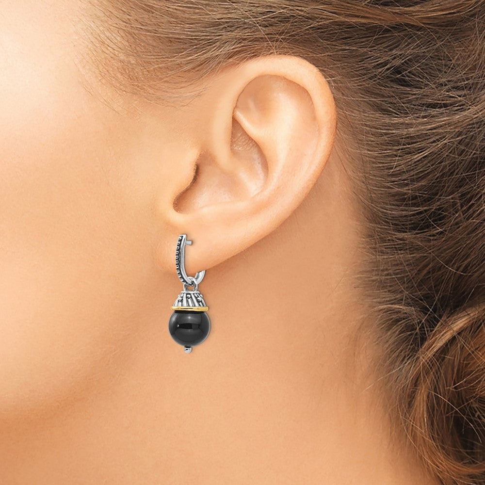 Sterling Silver Antiqued w/14K Black Onyx Polished and Textured Earrings