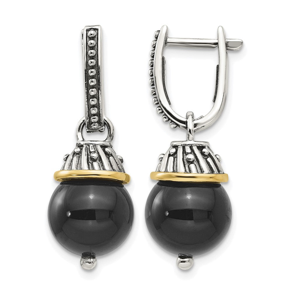 Sterling Silver Antiqued w/14K Black Onyx Polished and Textured Earrings