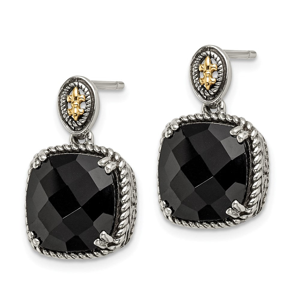 Sterling Silver Antiqued w/14k Onyx Dangle Post Earrings