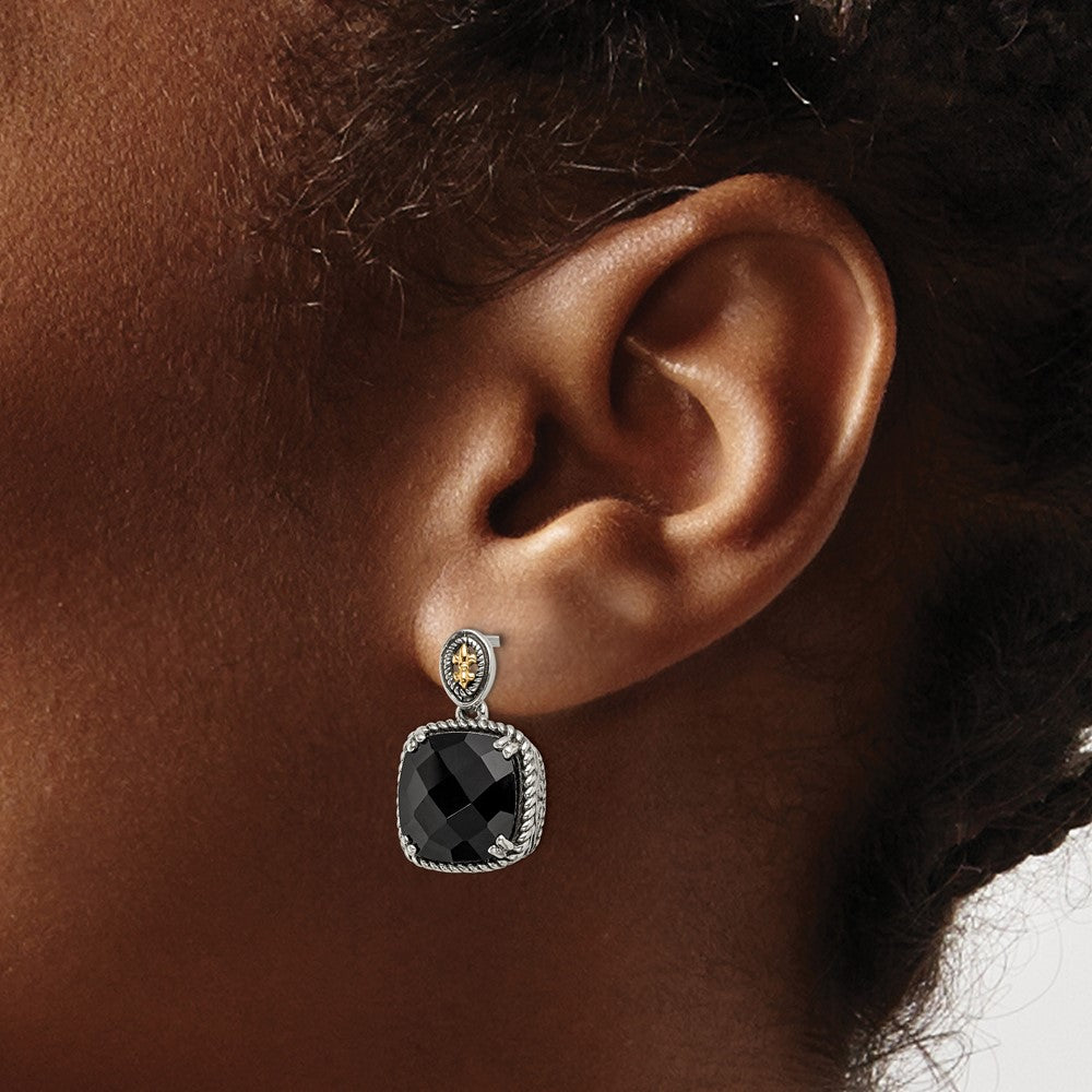 Sterling Silver Antiqued w/14k Onyx Dangle Post Earrings