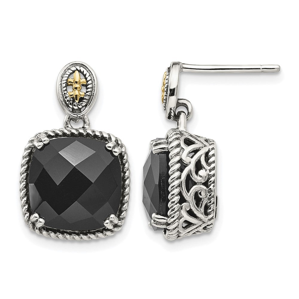 Sterling Silver Antiqued w/14k Onyx Dangle Post Earrings