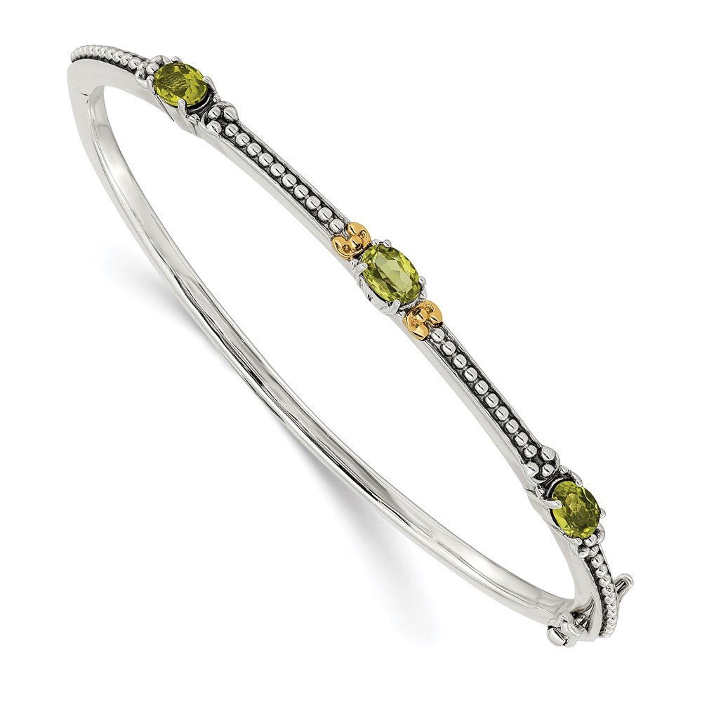 Sterling Silver Antiqued w/14ky Peridot 3 Stone Bangle