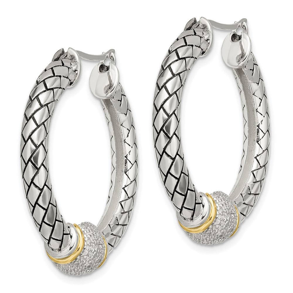 Sterling Silver Antiqued w/14k Diamond Hoop Earrings