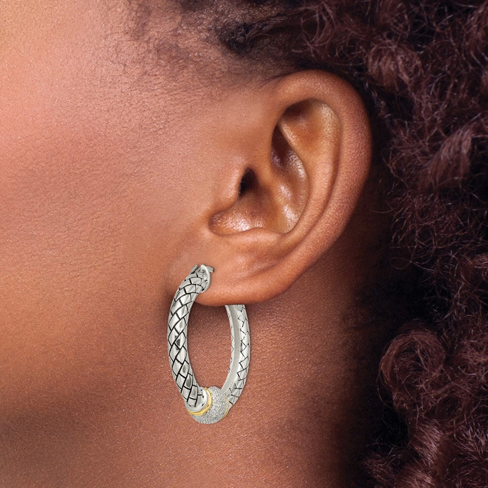 Sterling Silver Antiqued w/14k Diamond Hoop Earrings