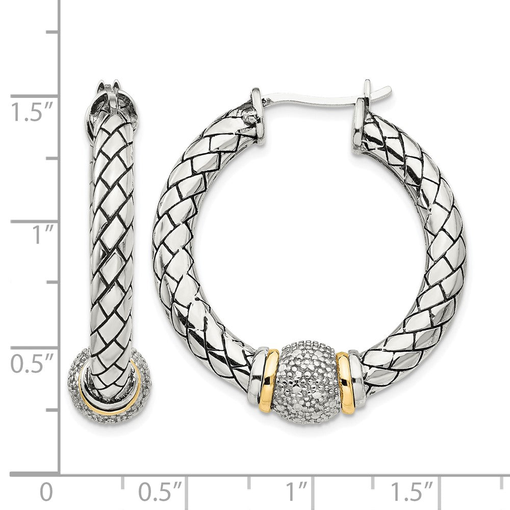 Sterling Silver Antiqued w/14k Diamond Hoop Earrings