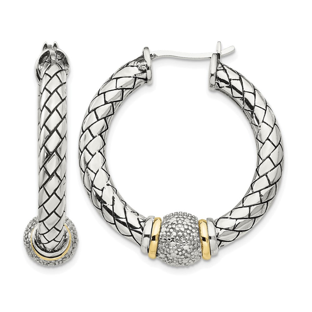 Sterling Silver Antiqued w/14k Diamond Hoop Earrings