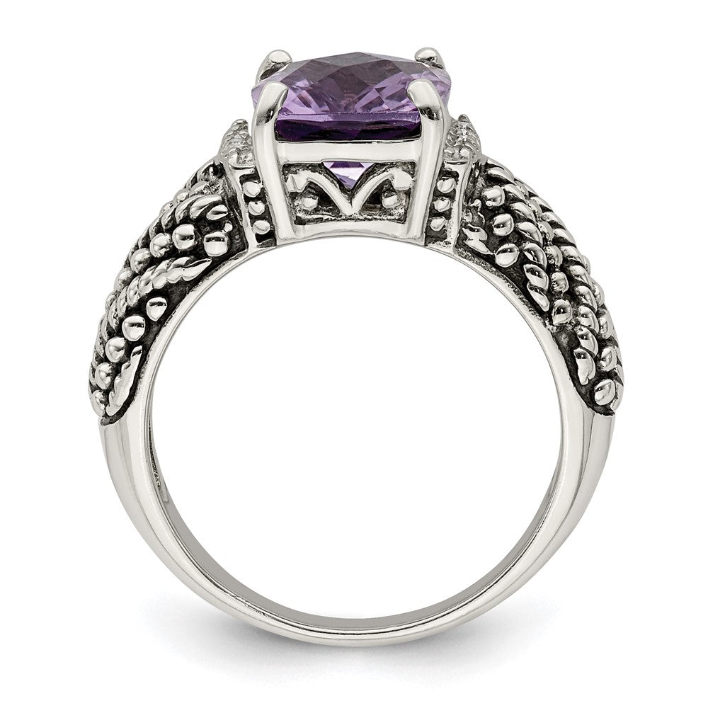 Sterling Silver Antiqued w/14k Diamond and Amethyst Ring