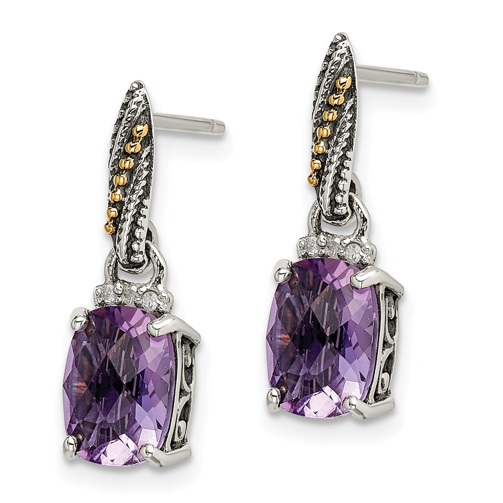 Sterling Silver Antiqued w/14k Diamond/Amethyst Dangle Post Earrings