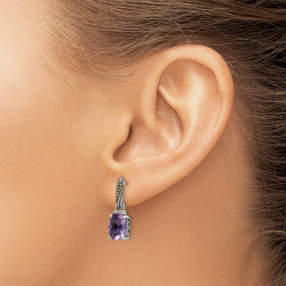 Sterling Silver Antiqued w/14k Diamond/Amethyst Dangle Post Earrings