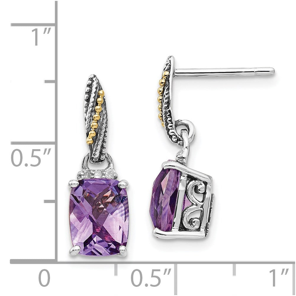 Sterling Silver Antiqued w/14k Diamond/Amethyst Dangle Post Earrings