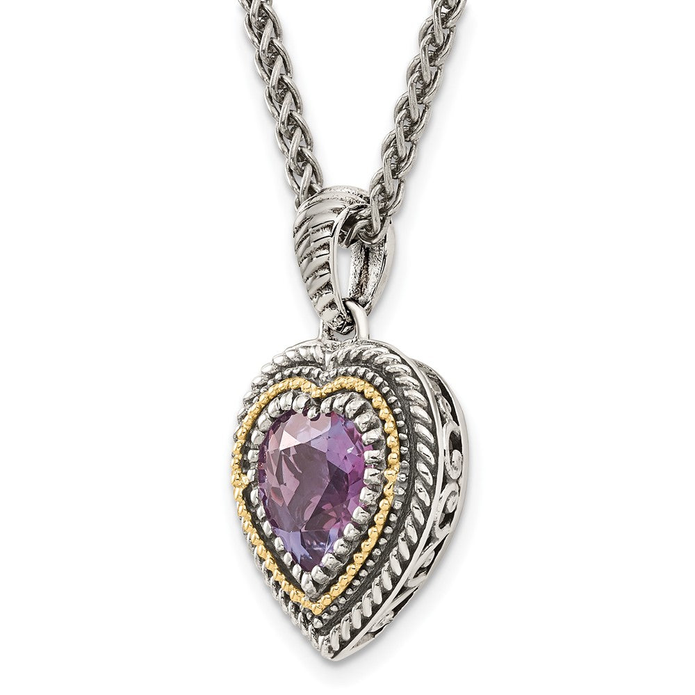 Sterling Silver Antiqued w/14k Amethyst Heart Necklace
