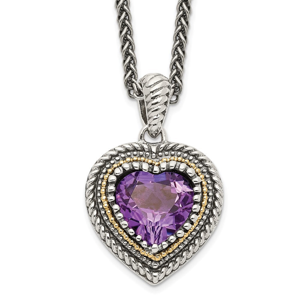 Sterling Silver Antiqued w/14k Amethyst Heart Necklace