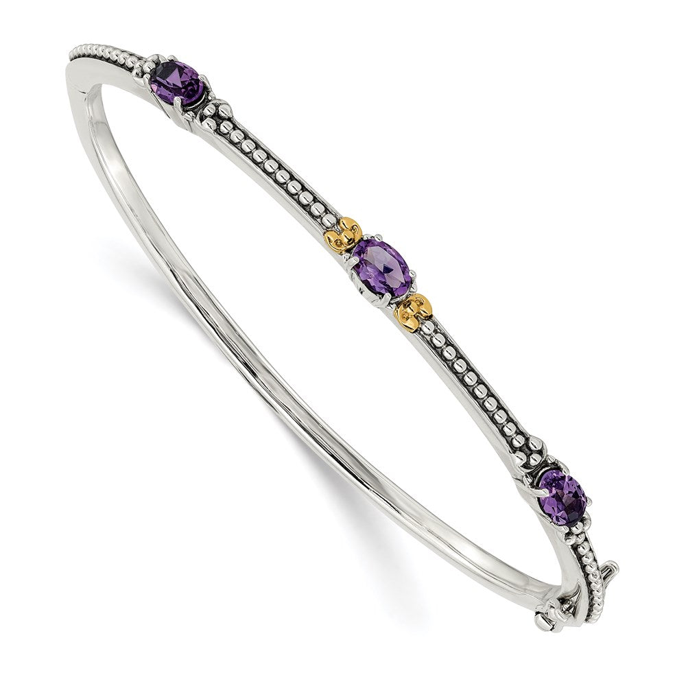 Sterling Silver Antiqued w/14ky Amethyst Hinged Bangle