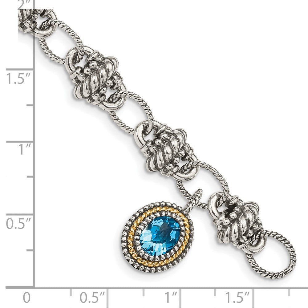Sterling Silver Antiqued w/14k Light Swiss Blue Topaz Bracelet