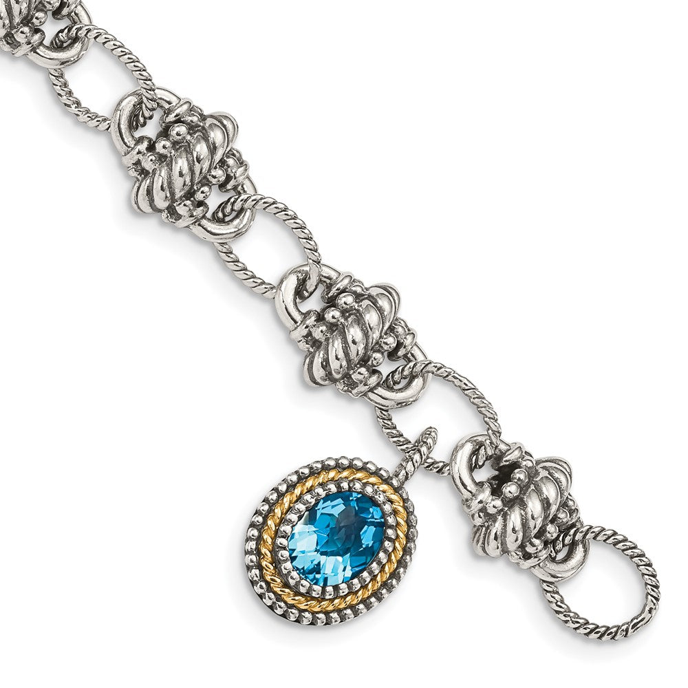 Sterling Silver Antiqued w/14k Light Swiss Blue Topaz Bracelet