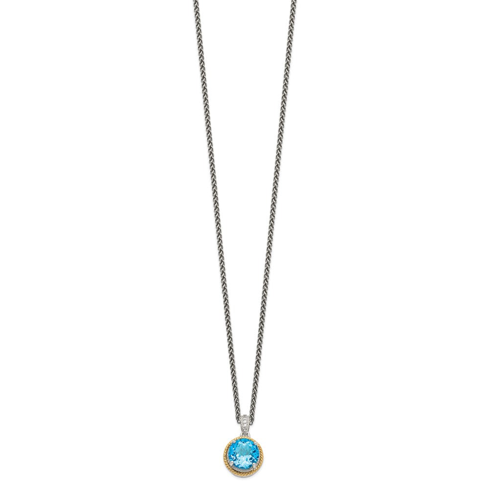 Sterling Silver Rhod-plated w/14k Blue Topaz and Diamond Necklace