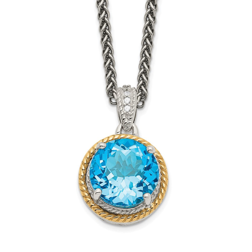 Sterling Silver Rhod-plated w/14k Blue Topaz and Diamond Necklace